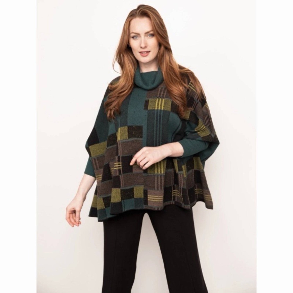 Liv by Habitat Clothes XS/S Teal Patchwork Artsy Cowl Neck Poncho Sweater Boho